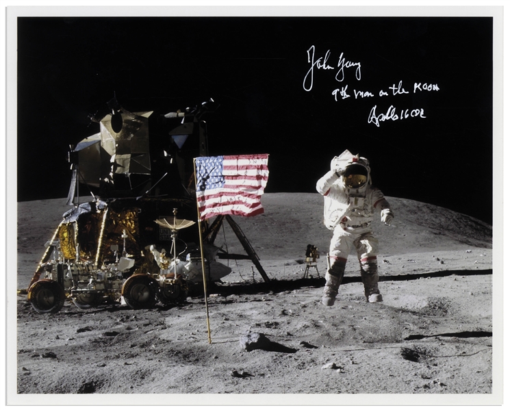 John Young Signed 10'' x 8'' Photo of Him Standing on the Moon Beside the U.S. Flag -- ''9th man on the MOON'' -- With Steve Zarelli COA